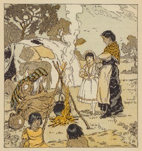 Maggie Tulliver med zigenarna, scen från The Mill on the Floss, av George Eliot (färg litho) av Malcolm Daniel Charleson