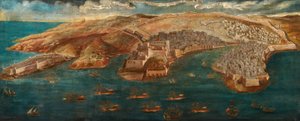 Utsikt över Fort Ricasoli, Castle St Angelo, LIsola och Cotonera Lines från Valletta, 1679