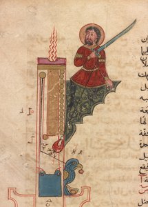 En ljusklocka, folio från Kitab fi ma`arifat al-hiyal al-handisaya (Kunskapens bok om geniala mekaniska anordningar) Automata av al-Jazari (d. 1206) (bläck, ogenomskinlig akvarell & guld på papper) av Mamluk Sultanate school
