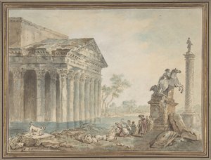 Arkitektonisk Capriccio med romerska monument och tvättkvinnor, n.d.. av Manner of Hubert Robert