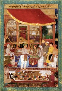 Kejsar Jahangir väger prins Khurram i guld, ca 1610-1615 (miniatyr) av Manohar Manohar