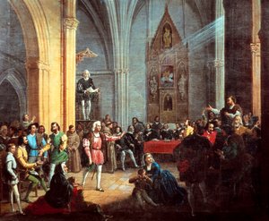 Christopher Columbus under läsningen av Royal Pragmatic, detalj av en målning av Manuel Cabral y Aguado Bejarano. 1800-talet