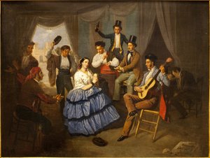 Dansare i ett karnevalshus. Målning av Manuel Cabral Bejarano (1827-1891), olja på duk
