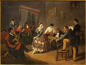 Dansare i ett vardagsrum. Målning av Manuel Cabral Bejarano (1827-1891), olja på duk