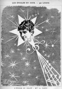 Adelina Patti (1843-1919), italiensk sångerska. "The star of singing", tecknad serie av serietecknaren Manuel Luque. I "The Cartoon" från 1886.
