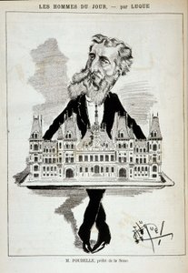 Tecknad film av M. Poubelle, prefekt för Seine, bärande stadshuset i Paris på en platå - Dess. av Luque, i "La Caricature"" av 13/08/1887¿