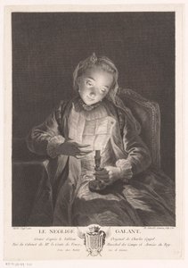 Flicka som läser ett brev vid levande ljus Le neglige galant (titel på objekt)