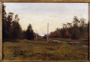 Landskap med ett tåg. Målning av Manuil Christoforovitj Aladzhalov (1862-1934). Olja på kartong, 29,5 x 43,5 cm. Rysk konst tidigt 1900-tal. Regionala konstmuseet, Plyos. ©FineArtImage/Leemage av Manuil Christoforovich Aladzhalov