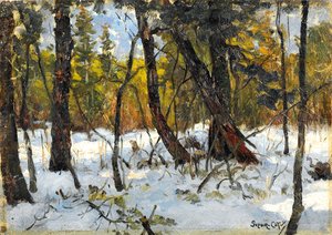 Skogsmark på vintern (olja på papper läggs ombord) av Marc Aurele de Roy Suzor Cote