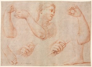 Studie av en ung kvinna som spelar en tamburin och studier av en arm, händer och fötter (Studier för "Miriam Leading the Chorus of Women Who Give Thanks for the Routing of Pharoah"