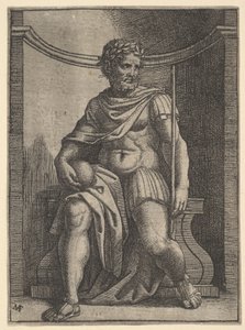 En romersk kejsare som sitter i en nisch med en glob och spira och tittar på sin..., ca. 1500-1534. av Marcantonio Raimondi