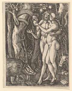 Adam och Eva med äpple och orm, ca. 1500-1534.