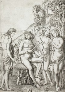 Apollo undervisar gracerna i musik av Marcantonio Raimondi