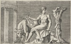 Apollo vaktar Admetus flock Mytologiska representationer efter antika basreliefer (serietitel) av Marcantonio Raimondi