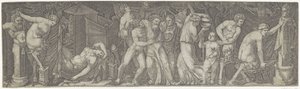 Bacchanal med berusad Bacchus och satyrer och maenader av Marcantonio Raimondi