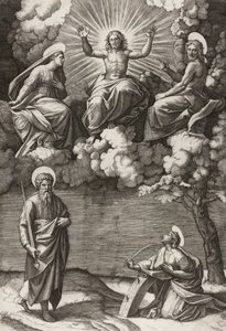 Kristus, Jungfrun och Johannes Döparen med de heliga Paulus och Katarina, 1520-25 av Marcantonio Raimondi