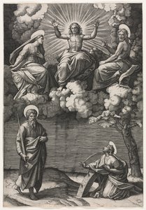 Kristus, Jungfrun och Johannes Döparen med de heliga Paulus och Katarina av Marcantonio Raimondi