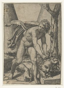 David med Goliats huvud av Marcantonio Raimondi