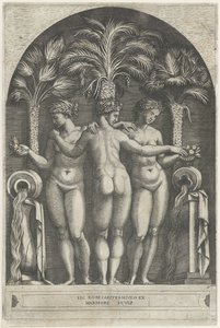 Three Graces som står i en nisch framför tre palmer och flankeras av kannor från vilka vatten rinner. av Marcantonio Raimondi