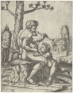 Faun med flöjt spelar med barn av Marcantonio Raimondi