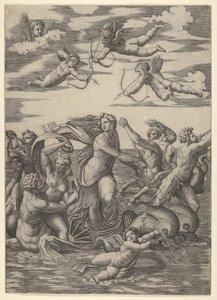 Galatea stående i en vattenvagn dragen av två delfiner, omgiven av tritoner, nere..., 1515-16. av Marcantonio Raimondi