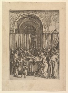Överstepräst som vägrar offerlamm från Joachim, efter Dürer, ca. 1500-1534. av Marcantonio Raimondi