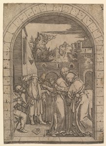 Joachim omfamnar Saint Anne under den gyllene porten i Jerusalem, efter Dürer, ca. 1500-1534. av Marcantonio Raimondi