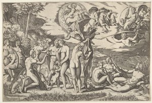 Paris dom: Paris sträcker ut sin hand mot Venus, som står mellan Juno och..., ca. 1520-50. av Marcantonio Raimondi