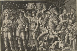 Kejsar Trajanus krönt av Victoria står bredvid kvinnlig personifiering av Rom och romarna i strid med Dacians av Marcantonio Raimondi