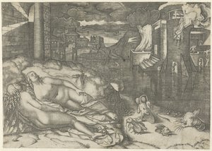 Landskap med två nakna sovande kvinnor och fantasidjur på en bank nära vatten med en brinnande byggnad Dröm om Raphael