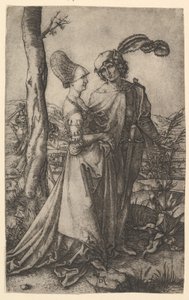 Herre och dam går med dödsfigur gömmer sig bakom ett träd, håller en timme..., ca. 1500-1534. av Marcantonio Raimondi