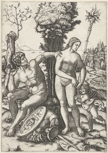 Mars och Venus som ett kärlekspar med Amor av Marcantonio Raimondi