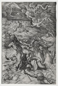 Neptunus lugnar stormen som Aeolus reste mot Aeneas flotta av Marcantonio Raimondi