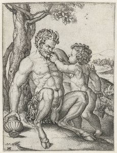 Pan med drickskopp och Bacchus som barn med en klase vindruvor av Marcantonio Raimondi