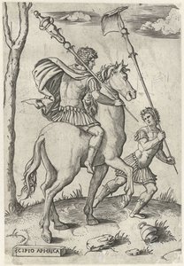 Romerska generalerna Scipio Africanus Maior till häst och Scipio Africanus Minor Romerska hjältar till häst (serietitel) av Marcantonio Raimondi