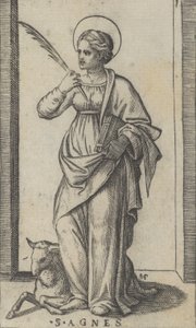 Saint Agnes står och håller en handflata i sin högra hand, ett får nere till vänster, från..., ca. 1500-1527. av Marcantonio Raimondi