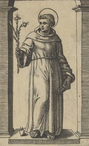 Sankt Antonius av Padua stående, liljor i sin upphöjda högra hand, en bok i sin ..., ca. 1500-1527. av Marcantonio Raimondi