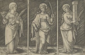 Saint Barbara vänster, Saint Catherine, mitten, Saint Lucy höger, ca. 1500-1527., ca. 1500-1527. av Marcantonio Raimondi