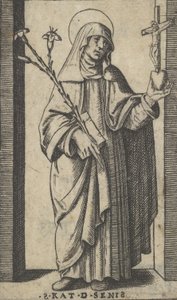 Den heliga Katarina av Siena står och håller blommor och bok i sin högra hand, en h..., ca. 1500-1527.