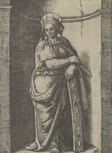 Saint Catherine stående i en nisch, vilande på ett hjul, hennes tortyrinstrument..., ca. 1500-1527. av Marcantonio Raimondi
