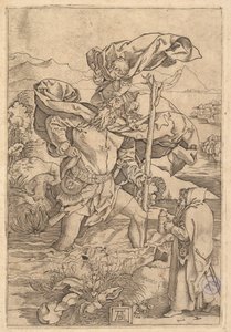 Saint Christopher korsar floden med Kristus i form av en putto på hans sh..., ca. 1500-1534. av Marcantonio Raimondi