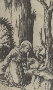 Den helige Franciskus av Assisi ber framför ett krucifix, från serien 