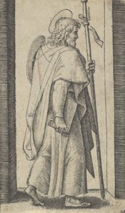 Saint James Major, boken är hans högra hand, staven i hans vänstra vända höger, från t..., ca. 1500-1527. av Marcantonio Raimondi