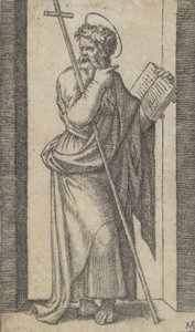 Sankt Filip, bok i vänster hand, stav vilande på hans vänstra arm, från serie..., ca. 1500-1527. av Marcantonio Raimondi