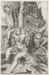 Satyr tittar på en nymf under hennes toalett Pan och Syrinx av Marcantonio Raimondi