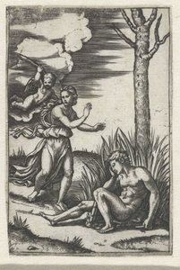 Sovande man och nymf jagade av Amor av Marcantonio Raimondi