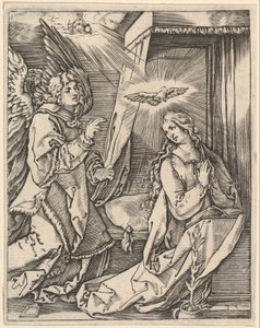 Bebådelsen, till vänster närmar sig ärkeängeln Gabriel den bedjande jungfrun..., ca. 1500-1534. av Marcantonio Raimondi