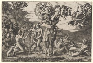 Parisdomen: han sitter till vänster med Venus, Juno och Pallas Athena, ovanför en bevingad seger, ca 1510-20 (gravyr) av Marcantonio Raimondi