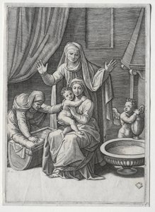 Jungfrun och vaggan med den heliga Elisabeth och den heliga Anna, 1520. av Marcantonio Raimondi