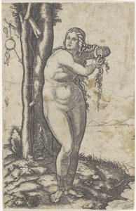 Venus står vid vattenbrynet och vrider vatten ur håret Venus födelse av Marcantonio Raimondi